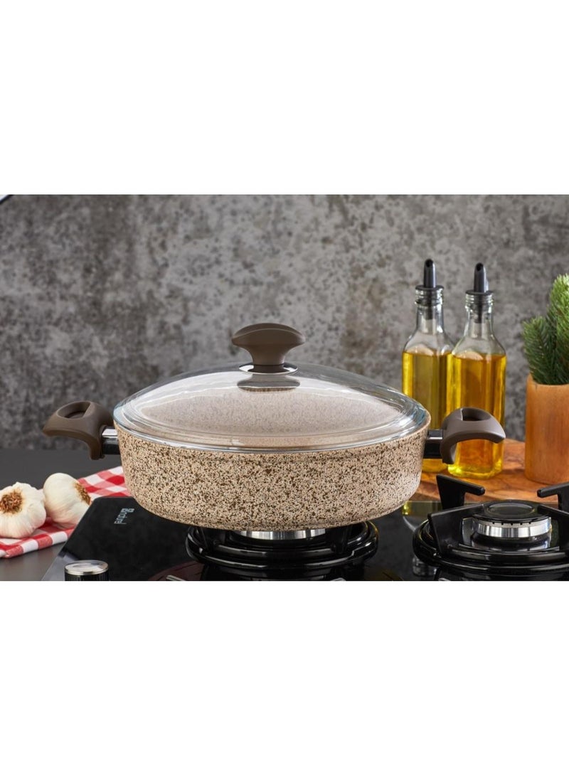 Falez Creamy Shallow Casserole 26x7cm Nonstick Granite Low Pot with Glass Lid Induction Safe Stone-Look Cookware - Image 2
