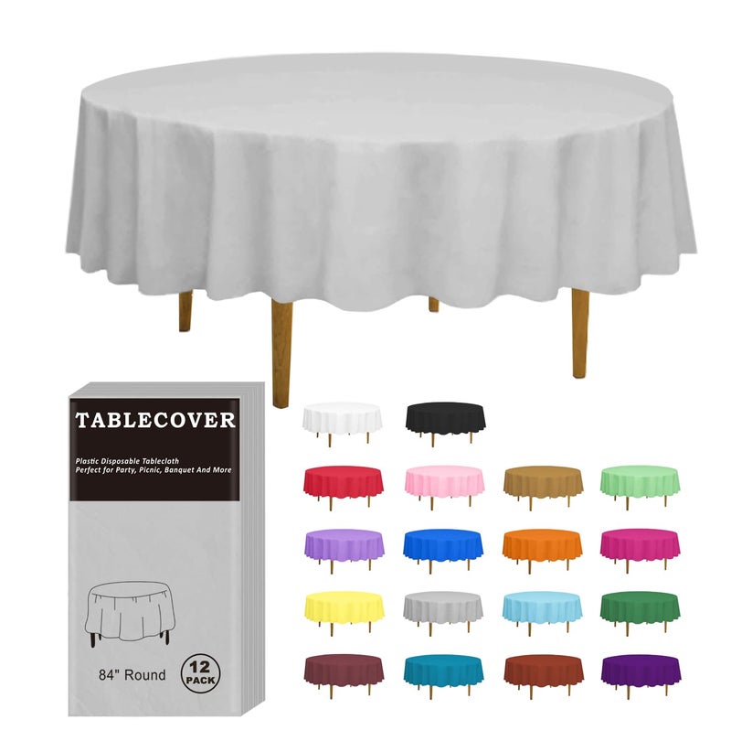 DZ Plastic Tablecloth Disposable 12 Pack Silver Table Cloth Individually Wrapped for IndoorOutdoor OnTheGo 84 Table Cover for Round Table Ideal for Party Birthday Wedding and Dinner