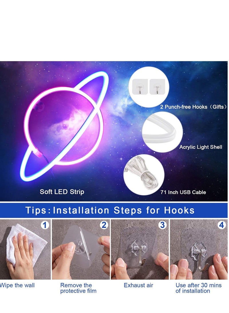 Zikra لافتة نيون كوكب ضوء LED - أضواء نيون لتزيين الجدران الجمالية | لافتات نيون تعمل بالـ USB لغرفة النوم وغرفة الأطفال والسكن وحفلات الزفاف وأعياد الميلاد وزينة رأس السنة (أزرق-وردي) - Image 2