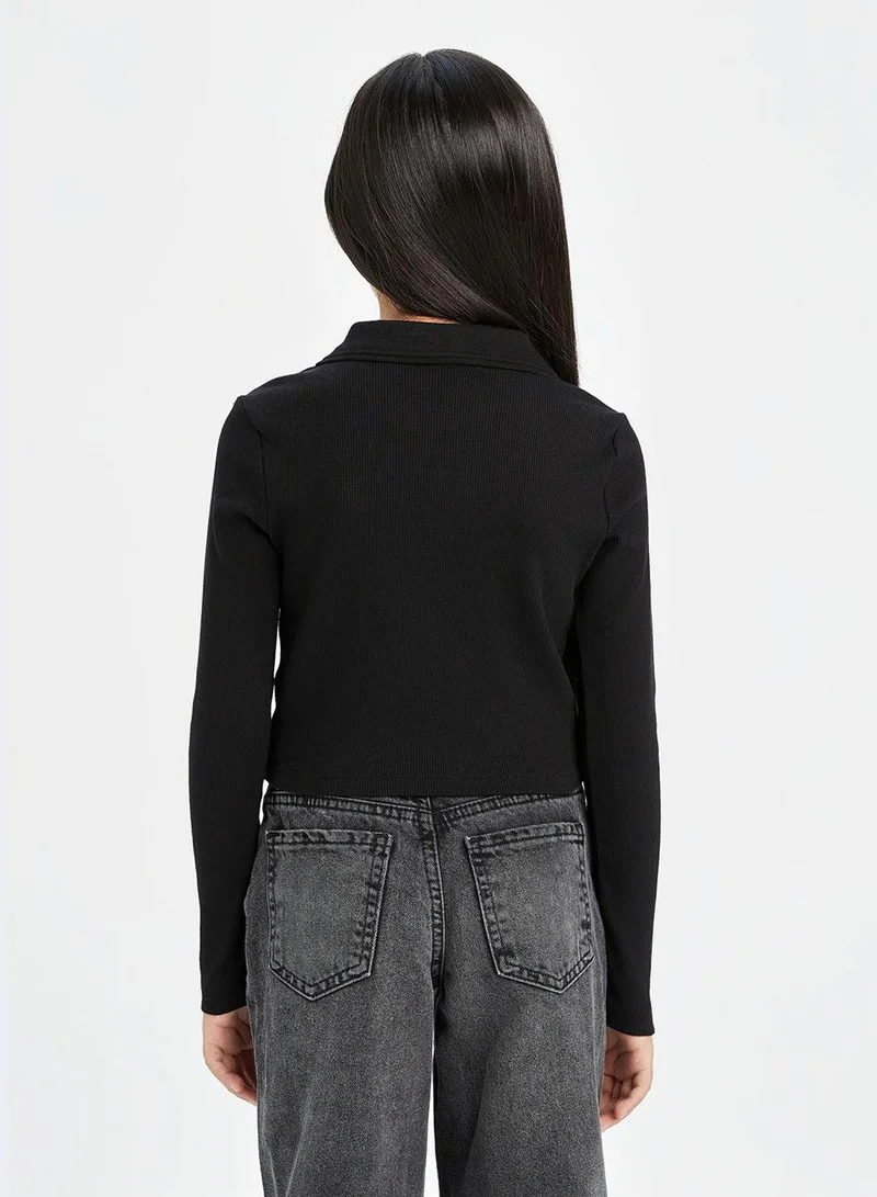 DeFacto Cropped Polo Neck Ribbed Long Sleeve T-Shirt