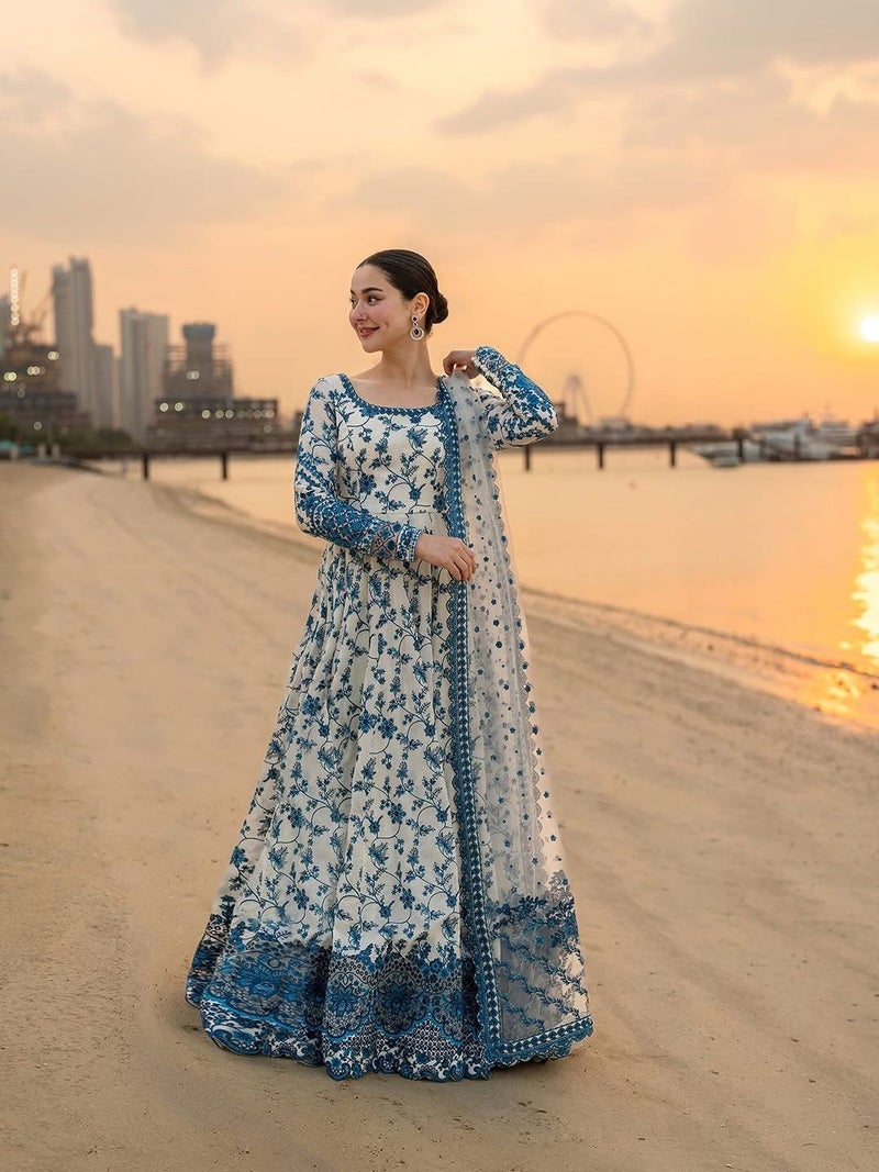 ANAITA بدلة جاهزة من جورجيت زائفة باللونين الأزرق والأبيض مع تطريز وخرز متصل - Image 1