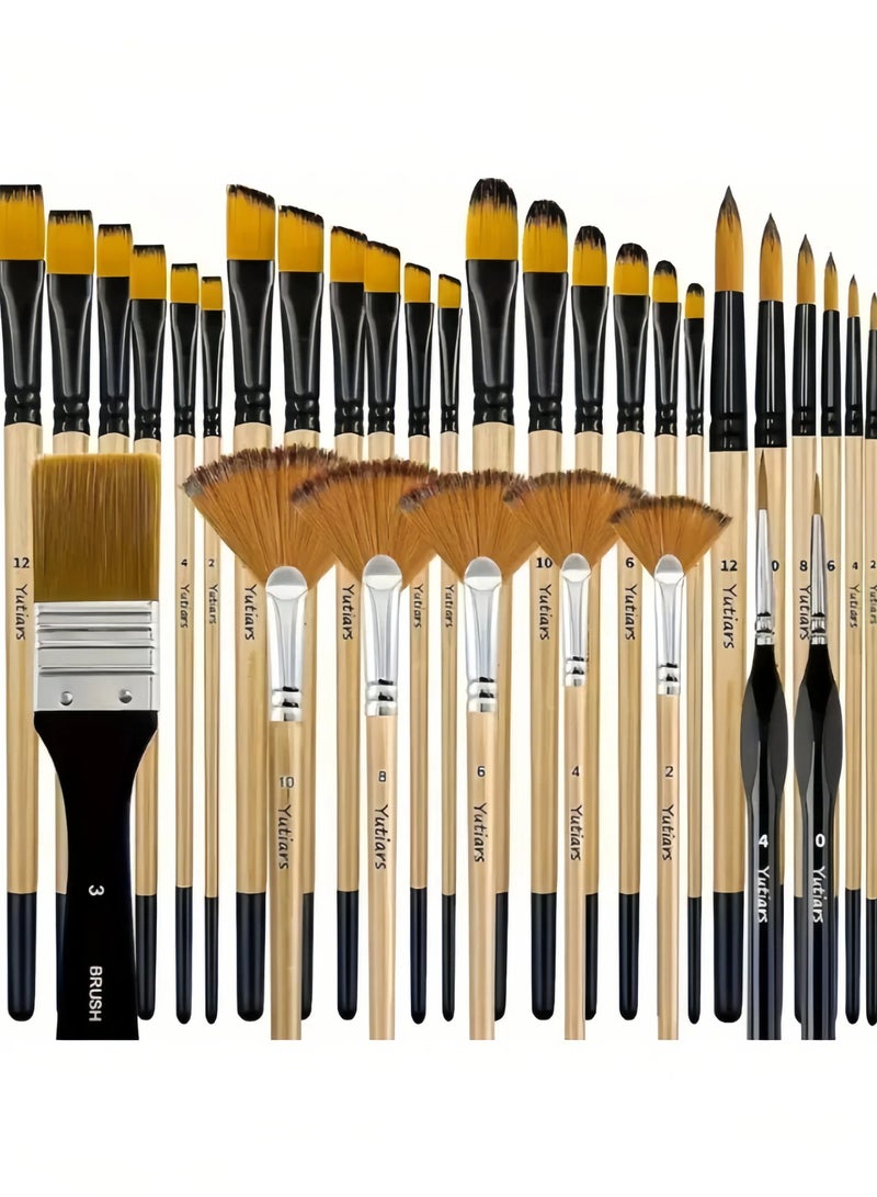 Generic 32pcs Paint Brush Set, Artist Series, Nylon Bristles with Round, Filbert, Flat, Fan, Angle, Fine Detail Brush, Suitable for Artists and Beginners for Acrylic Painting, Oil, Watercolor  - Image 1