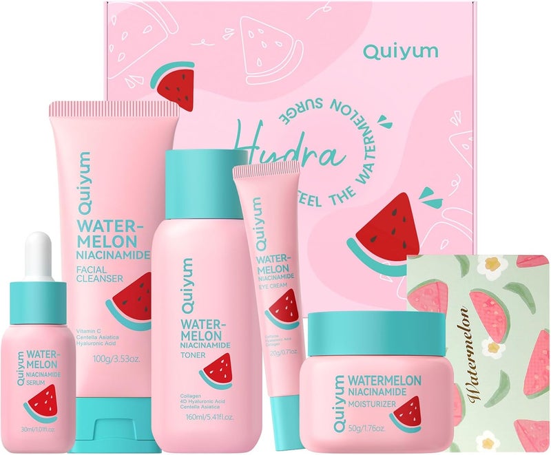 QUIYUM Watermelon Skincare Set 5PCS Hydrating Daily Face Care Kit with Niacinamide Hyaluronic Acid Collagen for Radiant Smooth Christmas Birthday Pamper Gifts for Women Teenage Girls