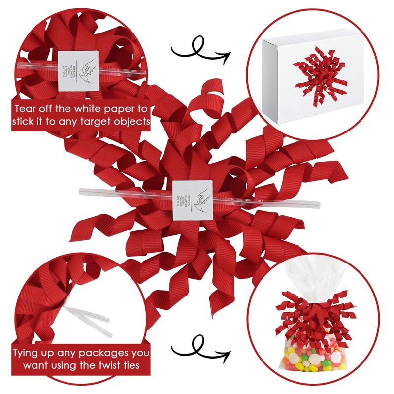 AIMUDI Red Curly Bows 4" Red Burst Bows Self Adhesive Curly Ribbon Bows for Gift Wrapping Grosgrain Ribbon Twist Tie Bows for Treat Bags Gift Bags Christmas Wedding Shower Party Decorations - 6 Counts - Image 4