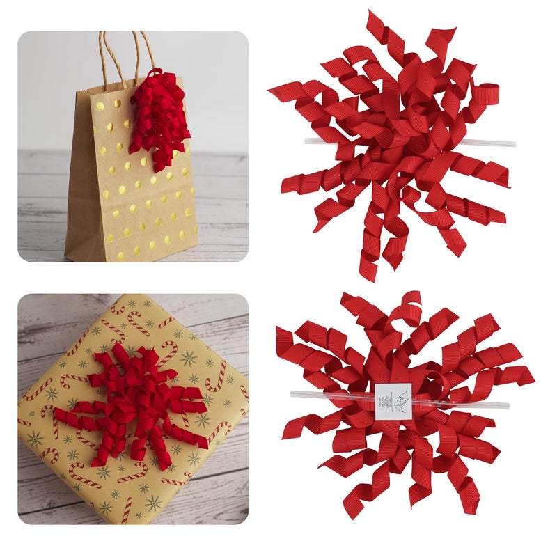 AIMUDI Red Curly Bows 4" Red Burst Bows Self Adhesive Curly Ribbon Bows for Gift Wrapping Grosgrain Ribbon Twist Tie Bows for Treat Bags Gift Bags Christmas Wedding Shower Party Decorations - 6 Counts - Image 1