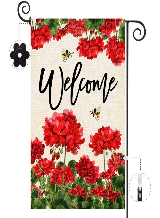 Baccessor Spring Summer Geranium Welcome Garden Flag Double Sided Summer Bee Red Floral Small Burlap Yard Flag House Seasonal Farmhouse Outside Outdoor Decoration 12.5 x 18 Inch - Image 1