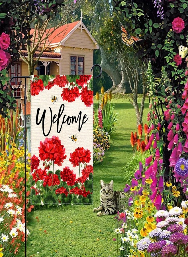 Baccessor Spring Summer Geranium Welcome Garden Flag Double Sided Summer Bee Red Floral Small Burlap Yard Flag House Seasonal Farmhouse Outside Outdoor Decoration 12.5 x 18 Inch - Image 3