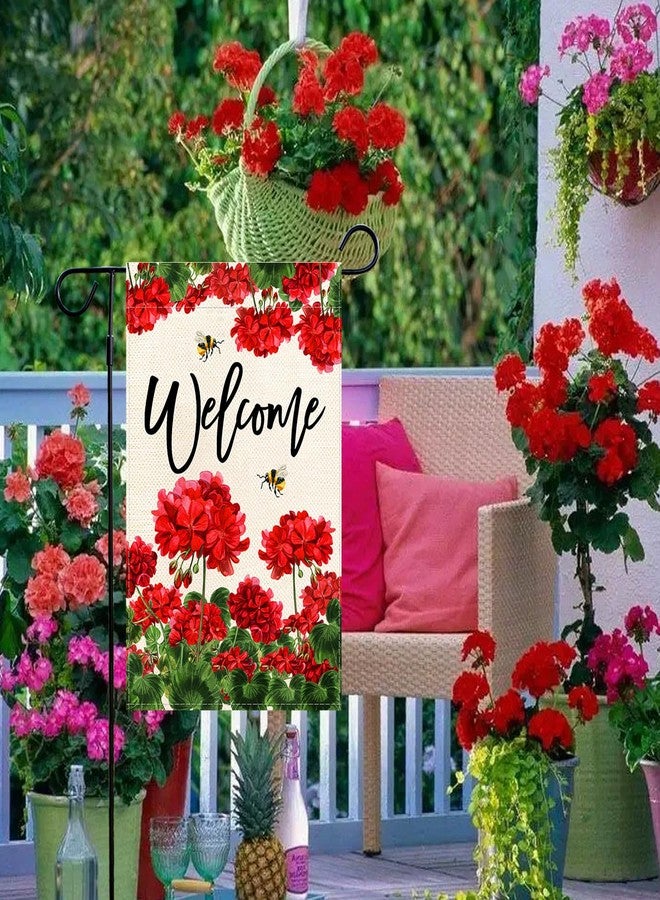 Baccessor Spring Summer Geranium Welcome Garden Flag Double Sided Summer Bee Red Floral Small Burlap Yard Flag House Seasonal Farmhouse Outside Outdoor Decoration 12.5 x 18 Inch - Image 2