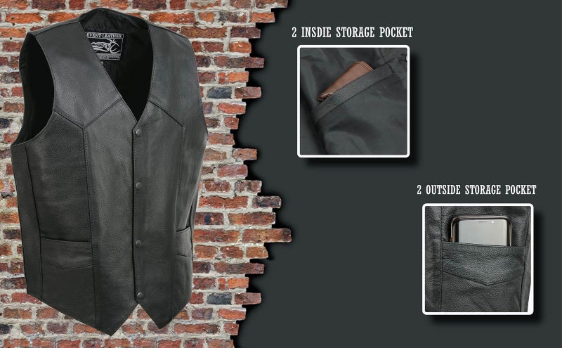 EVENT LEATHER EL1310GO Men's Classic Western Style Snap Button Black Motorcycle Riders Leather Vest - Small - Image 2