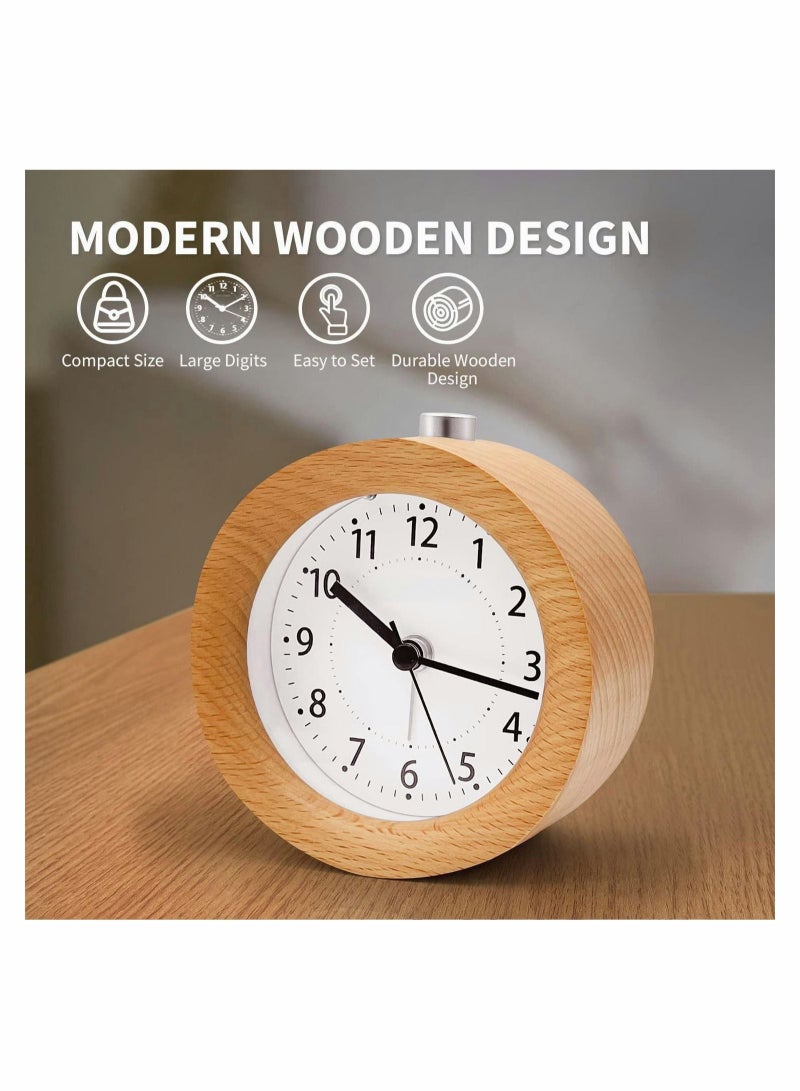كابتن تيك ساعة منبه بجانب السرير ، ساعة بجانب السرير بدون علامات مع وظيفة الغفوة والإضاءة الليلية ، ساعة تناظرية تعمل بالبطارية لغرفة النوم والمنزل والمطبخ والسفر والخشب الطبيعي - Image 2