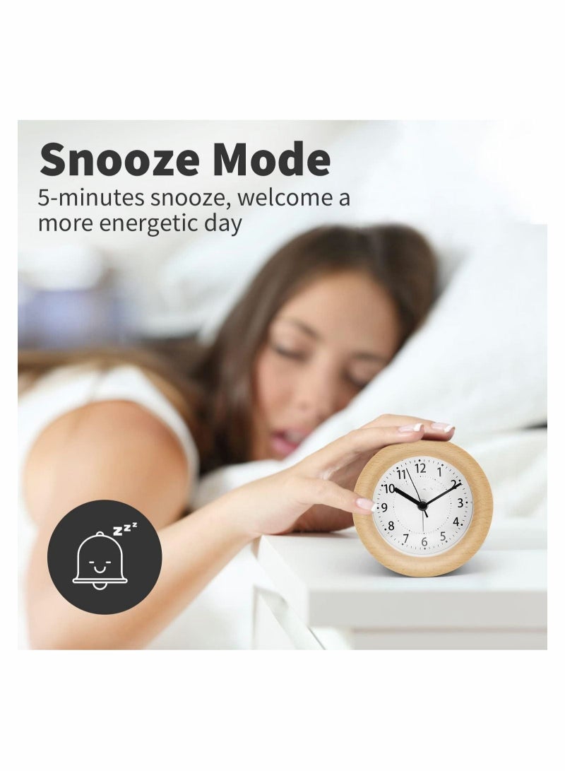 كابتن تيك ساعة منبه بجانب السرير ، ساعة بجانب السرير بدون علامات مع وظيفة الغفوة والإضاءة الليلية ، ساعة تناظرية تعمل بالبطارية لغرفة النوم والمنزل والمطبخ والسفر والخشب الطبيعي - Image 4