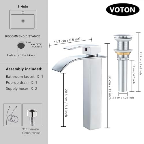 VOTON Vessel Sink Faucet Chrome Modern Tall Waterfall Bathroom Sink Faucet with Pop-Up Drain Single Handle Bathroom Faucet 1 Hole Bowl Lavatory Vanity Faucet, Rv Sink Camper Farmhouse Bathroom Faucet - Image 2