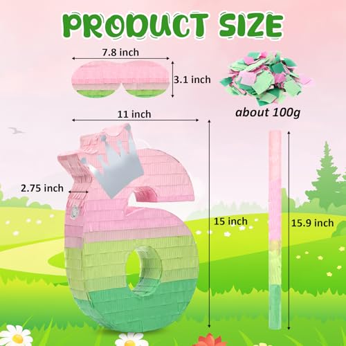 Arrowbash Number 6 Piata Pink and Green Birthday Decorations Witch Themed Party Favor with Stick Blindfold and Confetti Your Birth Day Gift for Kids Girls Boys 159 x 11 x 27 - Image 5