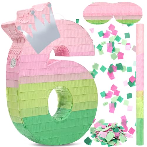 Arrowbash Number 6 Piata Pink and Green Birthday Decorations Witch Themed Party Favor with Stick Blindfold and Confetti Your Birth Day Gift for Kids Girls Boys 159 x 11 x 27 - Image 1