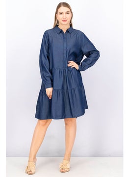Women Plain Casual Denim Shirt Dress, Blue