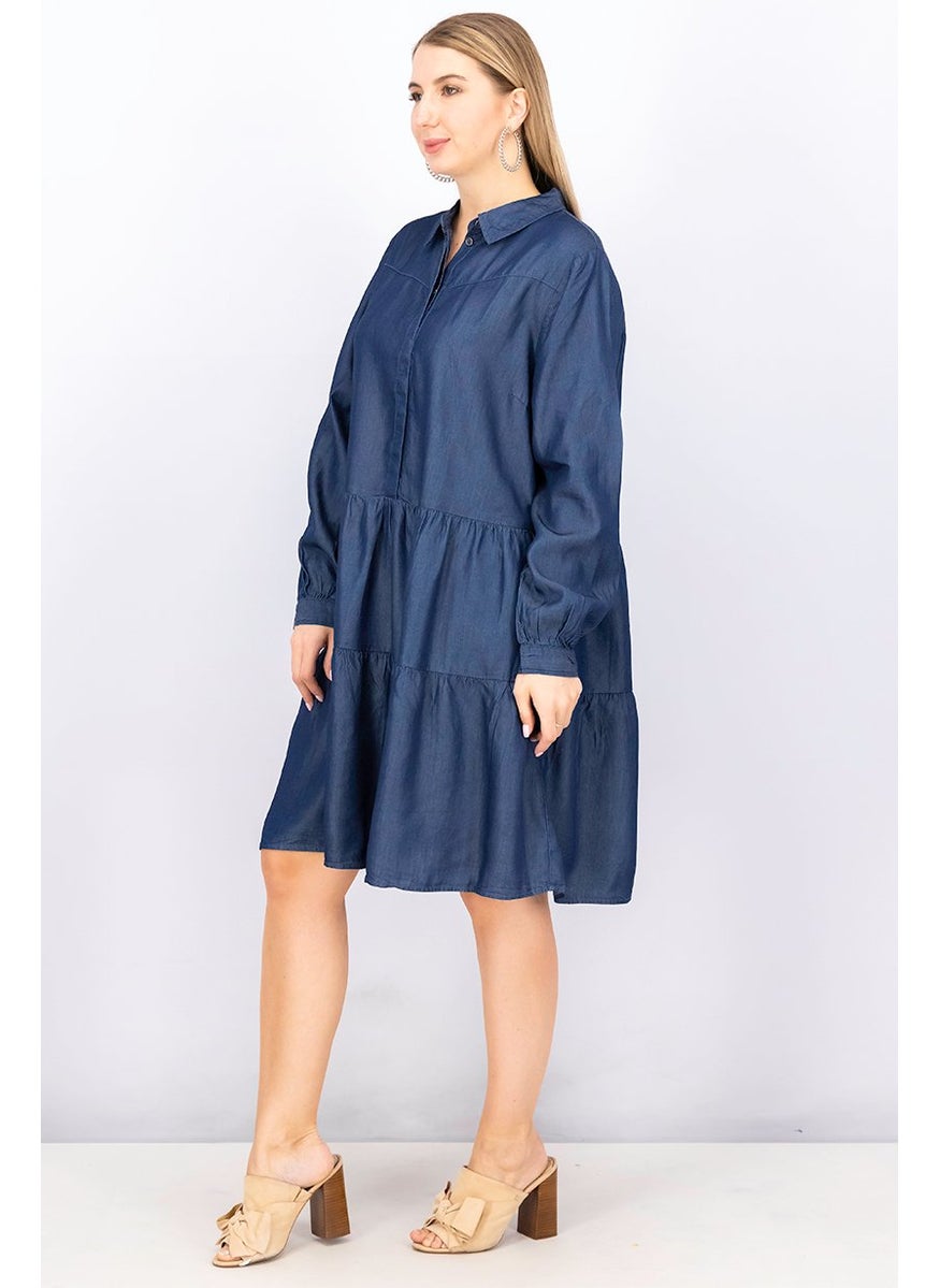 Fire & Glory - Women Plain Casual Denim Shirt Dress, Blue - Image 1