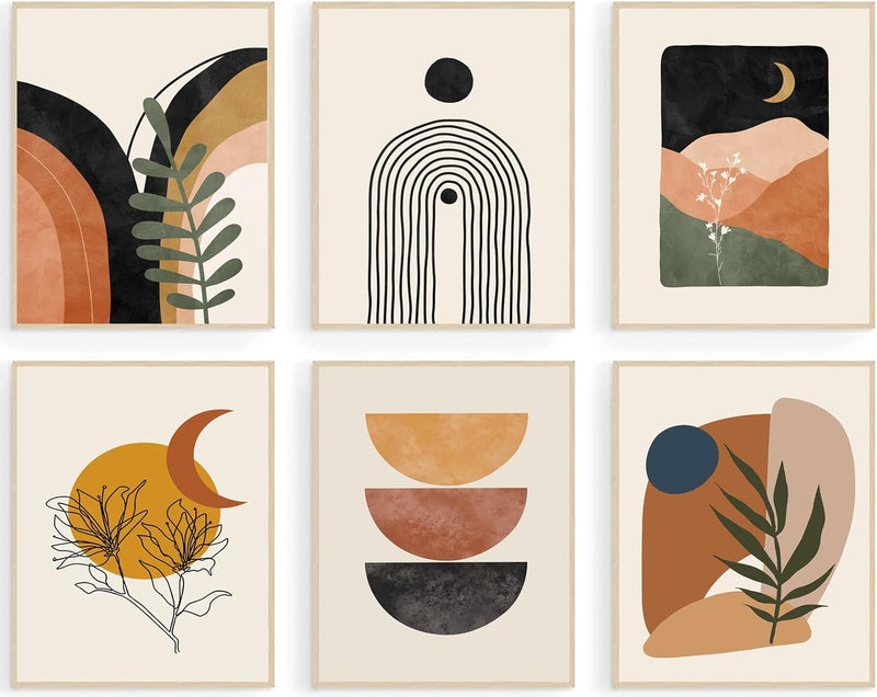 KBKBART Boho Wall Art Prints, Mid-Century Modern Wall Art, Abstract Geometry Canvas Paintings Monstera Palm Sun Moon Mountain Wall Pictures, Minimalist Boho Wall Decor for Bedroom Living Room Bathroom Office - Image 1