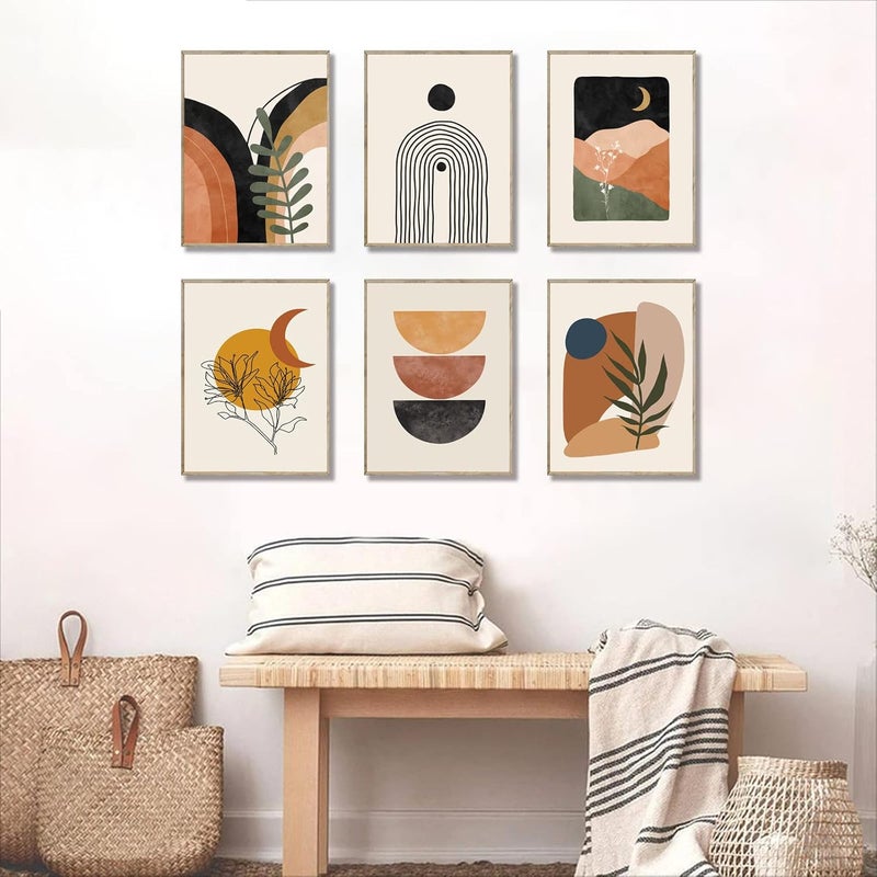 KBKBART Boho Wall Art Prints, Mid-Century Modern Wall Art, Abstract Geometry Canvas Paintings Monstera Palm Sun Moon Mountain Wall Pictures, Minimalist Boho Wall Decor for Bedroom Living Room Bathroom Office - Image 3