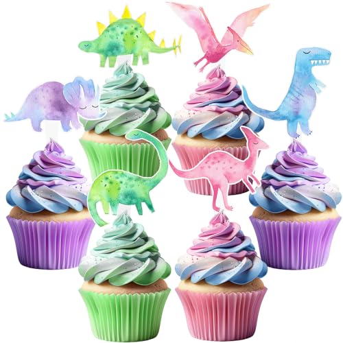 HaPiBiDesign 36 Pcs Pink Dinosaur Cupcake Toppers Pink Dinosaur Party Decorations and Girl Dinosaur Party Cupcake Toppers - Image 1