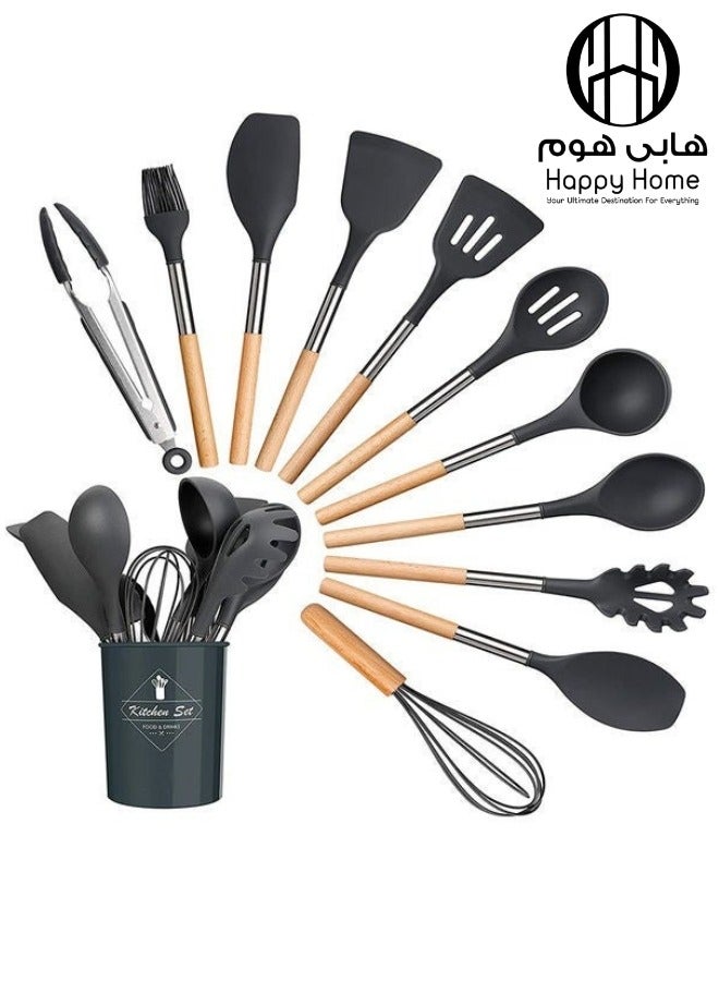 هابي هوم طقم أدوات طهي من السيليكون بسطح مانع للالتصاق مكون من 12 قطعة أسود 12.5x12.5x33سم - Image 1