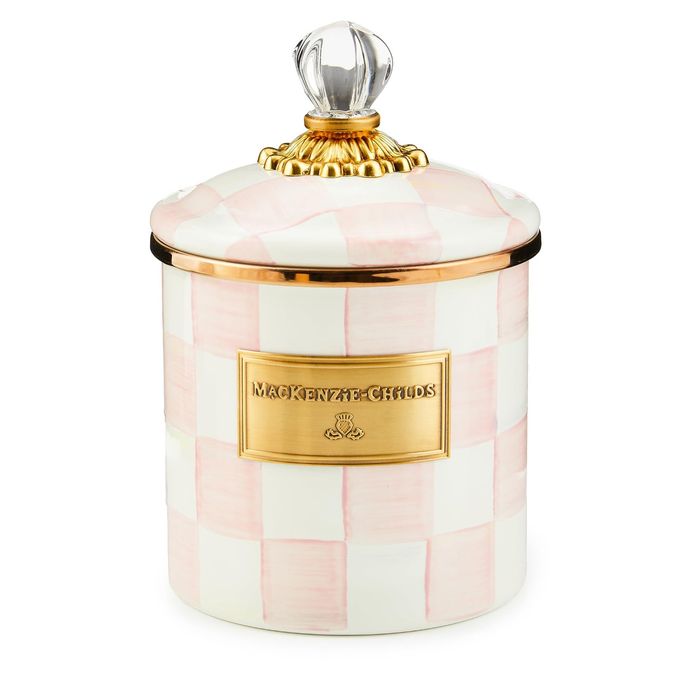 mackenzie childs MACKENZIE-CHILDS Rosy Check Enamel Canister, Pink-and-White Kitchen Storage Container with Lid, Small - Image 1