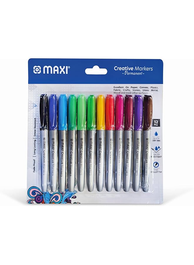 Maxi Creative Permanent Marker Bullet Slim Blister Of 12Pcs Assorted Colours 40 12A - Image 1