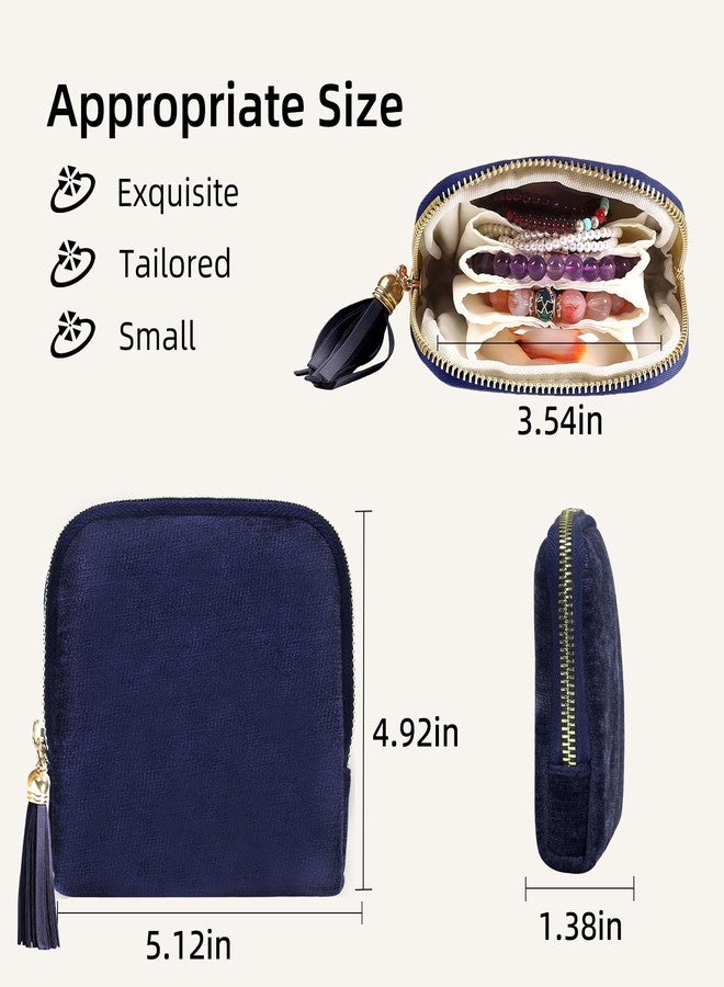 شونمي حقيبة مجوهرات صغيرة للسفر من شونمي، حقيبة صغيرة محمولة لتنظيم وتخزين المجوهرات، مثالية للقلائد والأقراط والخواتم والأساور والكريستال، وإكسسوارات السفر، هدية رائعة للنساء والفتيات - لون أزرق داكن - Image 3