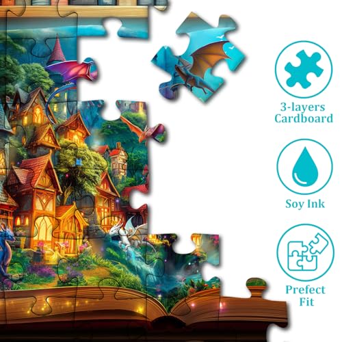 PICKFORU Dragon Puzzle for Adults 1000 Pieces Magic Library Book Puzzles Nature Forest Animal Fantasy Dinosaur Jigsaw Puzzle Impossible Difficult Hard Challenge for Adult - Image 5