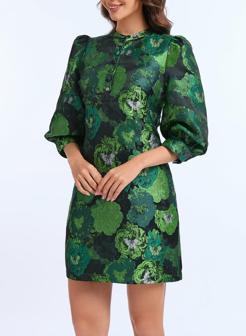 Ladyful Women's Floral Jacquard Shift Dress 2026 Long Puff Sleeve Button Up Elegant Cocktail Party Mini Dress Green - Image 2