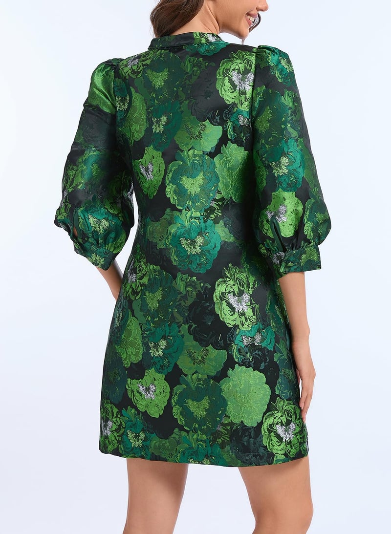 Ladyful Women's Floral Jacquard Shift Dress 2026 Long Puff Sleeve Button Up Elegant Cocktail Party Mini Dress Green - Image 4