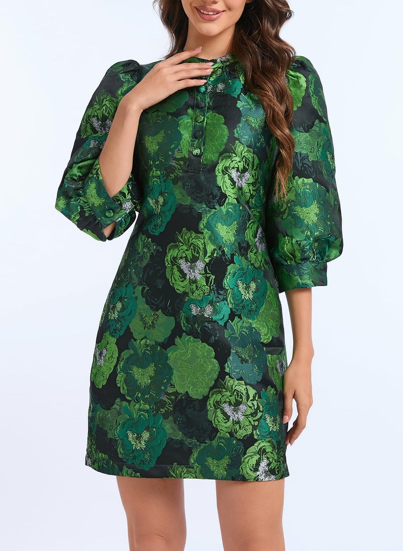 Ladyful Women's Floral Jacquard Shift Dress 2026 Long Puff Sleeve Button Up Elegant Cocktail Party Mini Dress Green - Image 5