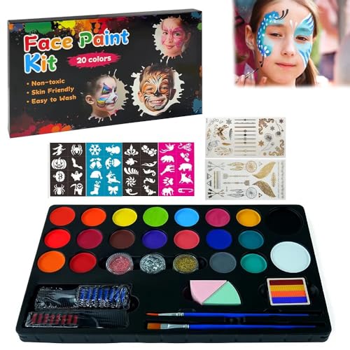 WISKA Face and Body Paint Kit for Kids: 20 Water Based, Non-Toxic Oil Palette, Ideal for Parties, Halloween Makeup - Includes 3 Glitters, 2 Hair Chalk Combs, 2 Paint Brushes, 32 Stencils - Image 1