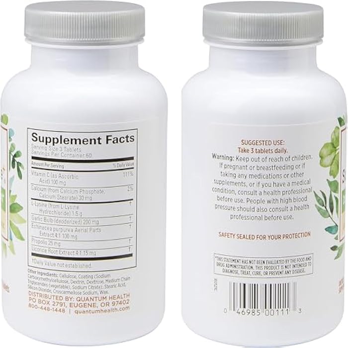 Quantum Health SuperLysine+ Advanced Formula Immune Support Supplement Lysine 1500 mg, Vitamin C Echinacea Licorice Bee Propolis & Odorless Garlic - 180 Tablets (Pack of 2) - Image 3