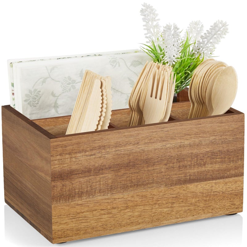 DRASTAR Utensil Caddy, Silverware Caddy for Party, Acacia Wood Silverware Holder, Silverware Organizer Countertop, Cutlery Storage Containers for Kitchen Table - Image 1