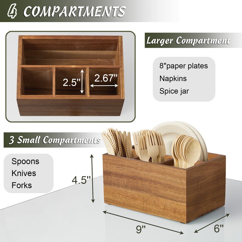 DRASTAR Utensil Caddy, Silverware Caddy for Party, Acacia Wood Silverware Holder, Silverware Organizer Countertop, Cutlery Storage Containers for Kitchen Table - Image 3