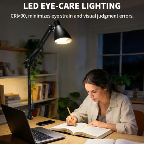 OSORD Metal LED Desk Lamp for Home Office, 32" Swing Arm Architect Desk Lamp with Clamp, 5 Color Modes 10 Brightness Task Lamps, Adjustable Gooseneck Clip-on Table Light for Reading Home Work Study, Black - Image 3