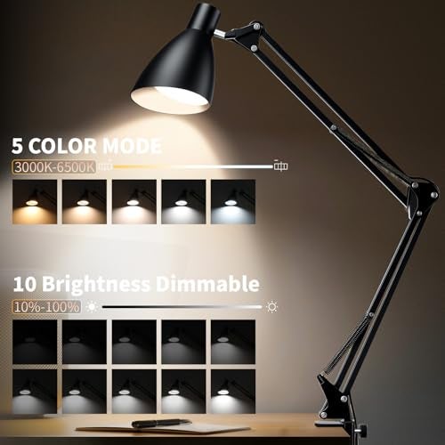 OSORD Metal LED Desk Lamp for Home Office, 32" Swing Arm Architect Desk Lamp with Clamp, 5 Color Modes 10 Brightness Task Lamps, Adjustable Gooseneck Clip-on Table Light for Reading Home Work Study, Black - Image 2