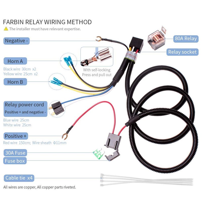FARBIN 12V 80a Horn Wiring Harness Relay Kit and Horn Push Button with 3 Meters Wire (Wiring Harness+Button, 12V) - Image 3