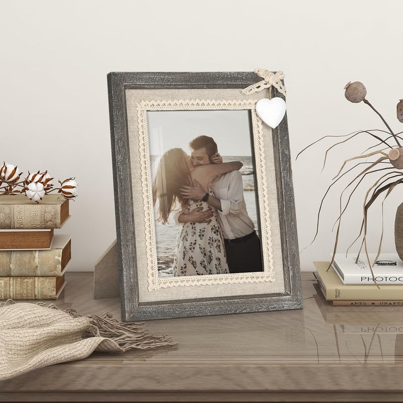 Afuly 5x7 Picture Frame with White Heart Wood Rustic Distressed Frames Farmhouse Photo Frames for Home Decor Wall Hang Desktop Wedding Anniversary Birthday Gifts for Grandma Mom Couple - Image 2