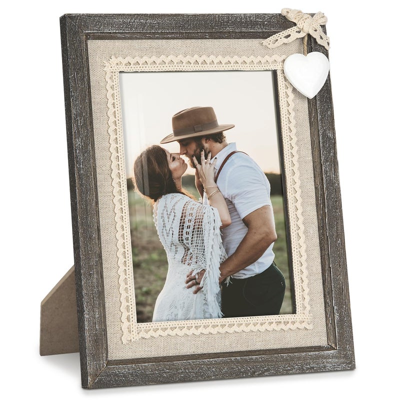 Afuly 5x7 Picture Frame with White Heart Wood Rustic Distressed Frames Farmhouse Photo Frames for Home Decor Wall Hang Desktop Wedding Anniversary Birthday Gifts for Grandma Mom Couple - Image 1