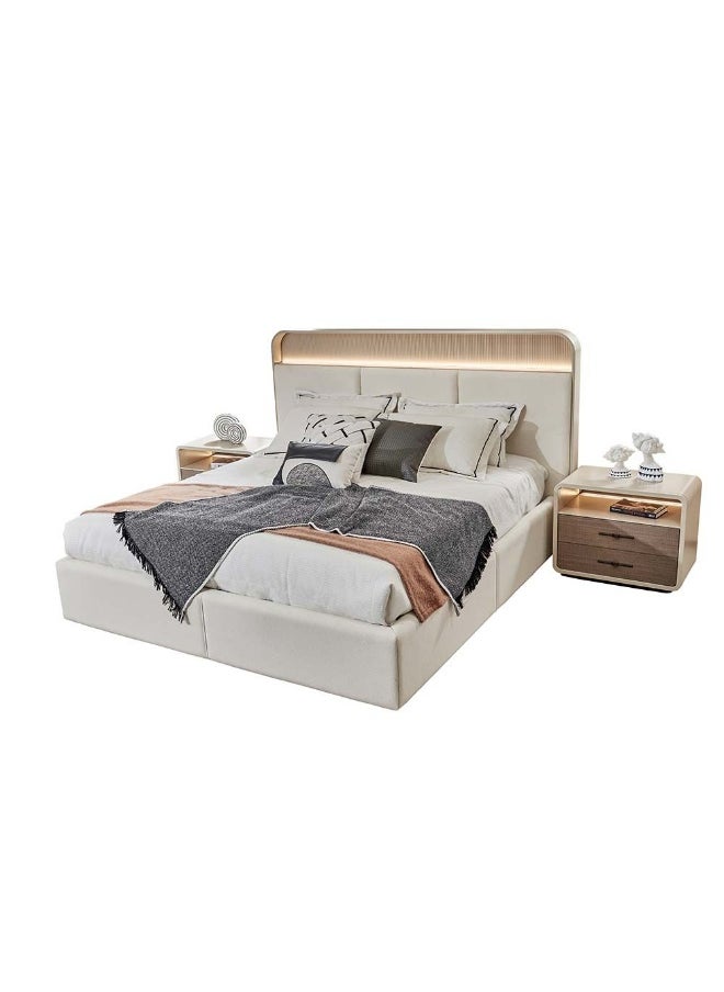 DANUBE HOME Libra 180X200 King Bed w/ 2 Night Stand w/LED and Dresser with Mirror + Stool - Light Brown / Beige  - Image 2