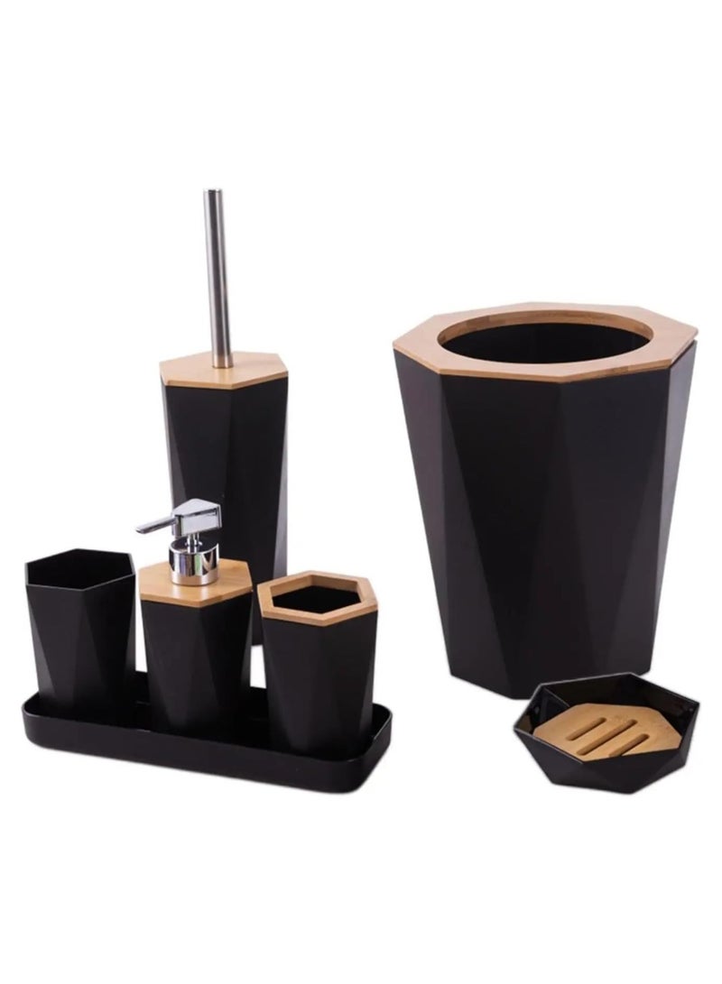 Complete Bathroom Accessories Set of Soap Dish, Toilet Brush Holder and Tray, for Home 7 in 1 (Black) - Image 1