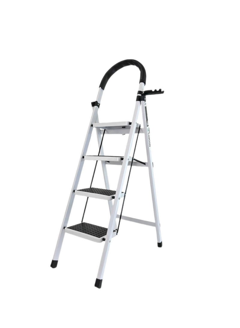 CABGON 4 Step Folding Ladder for Home Use, Foldable Steel Step Stool with Safety Handrail, Non-Slip Pedals, Compact Lightweight Ladder for Indoor (White, 4 Steps) - Image 1