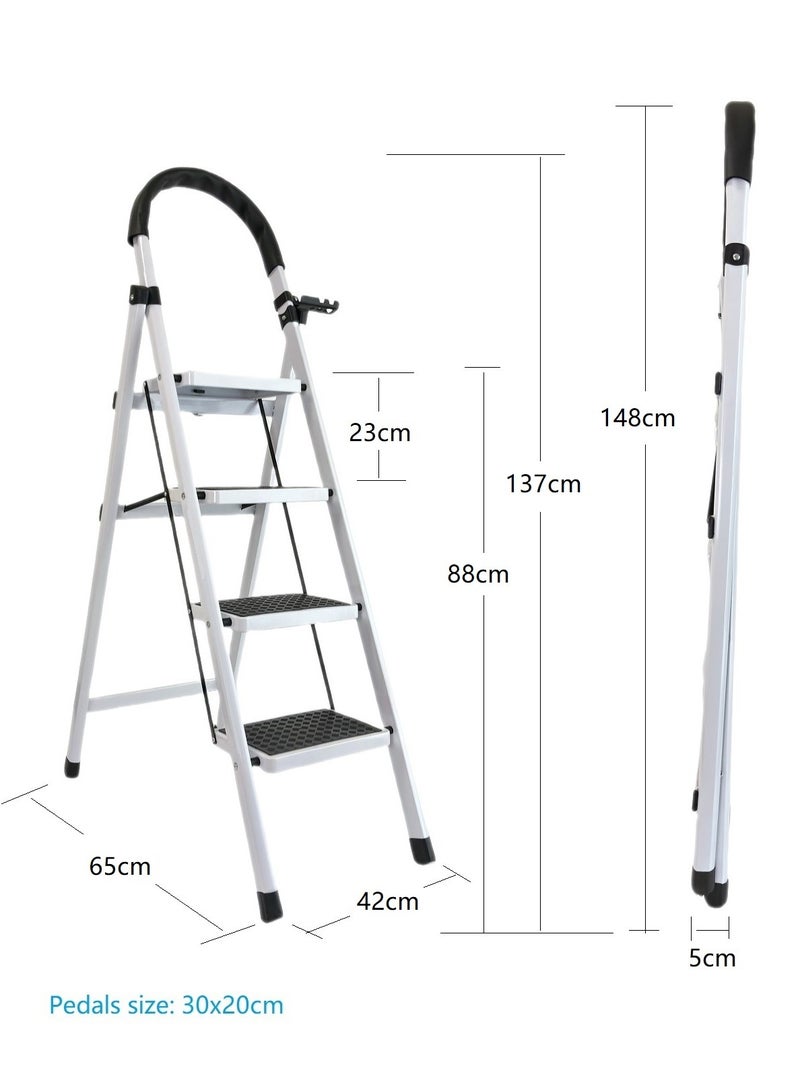 CABGON 4 Step Folding Ladder for Home Use, Foldable Steel Step Stool with Safety Handrail, Non-Slip Pedals, Compact Lightweight Ladder for Indoor (White, 4 Steps) - Image 2