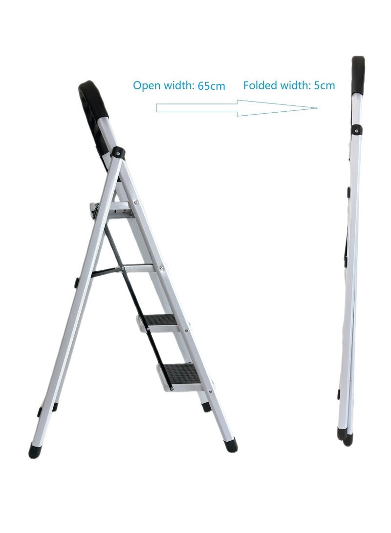 CABGON 4 Step Folding Ladder for Home Use, Foldable Steel Step Stool with Safety Handrail, Non-Slip Pedals, Compact Lightweight Ladder for Indoor (White, 4 Steps) - Image 3