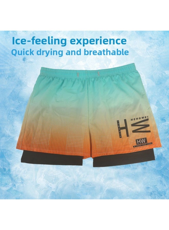 Loquat Swimming Trunks Men's Swimming Trunks Swimming Cap Swimming Goggles Hot Spring Anti-embarrassment Quick-drying Beach Pants Men's Swimming Equipment-Color:orange Blue Gradient- - Image 1