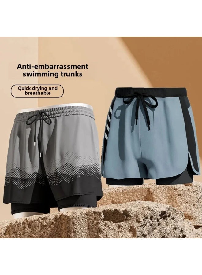 Loquat Swimming Trunks Men's Swimming Trunks Swimming Cap Swimming Goggles Hot Spring Anti-embarrassment Quick-drying Beach Pants Men's Swimming Equipment-Color:orange Blue Gradient- - Image 2