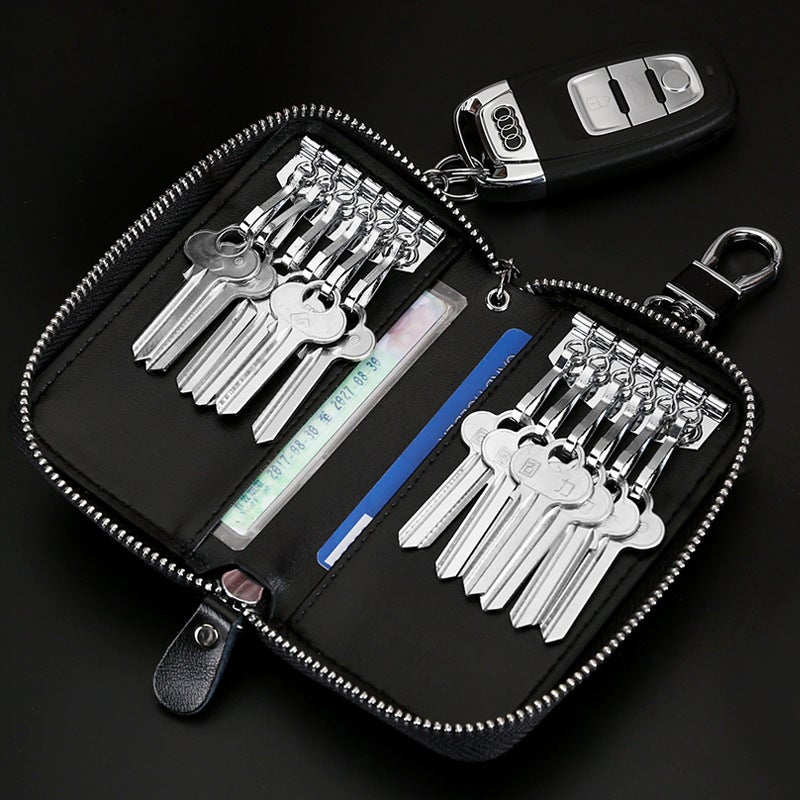 Men'S Extra Large Capacity Key Bag Two-Layer Cowhide Women'S Car Waist Hanging Multi-Functional Household Zipper Key Bag Buckle Cover - Image 2