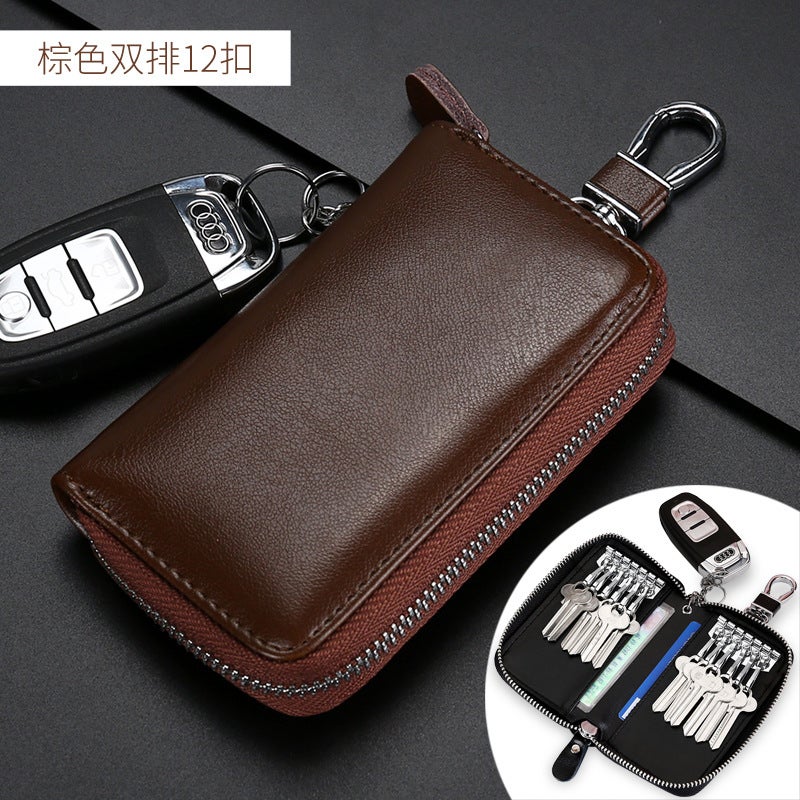 Men'S Extra Large Capacity Key Bag Two-Layer Cowhide Women'S Car Waist Hanging Multi-Functional Household Zipper Key Bag Buckle Cover - Image 1