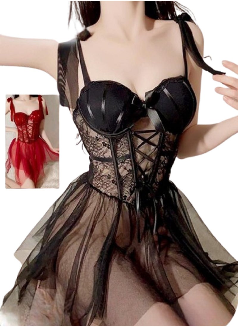 Ward Women's Lace Corset Dress with Tulle Skirt and Back Tie Detail 